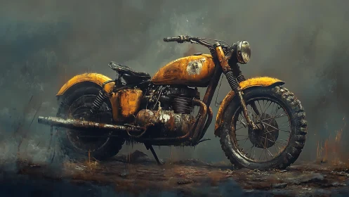 Rust-streaked yellow motorcycle in moody digital landscape.