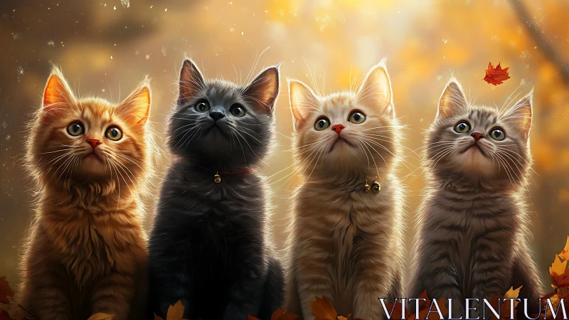 Four kittens with glowing outlines posed upward in autumn setting.