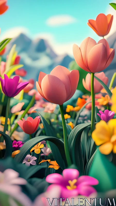 Stylized tulip meadow rendered in vibrant shallow-focus digital art