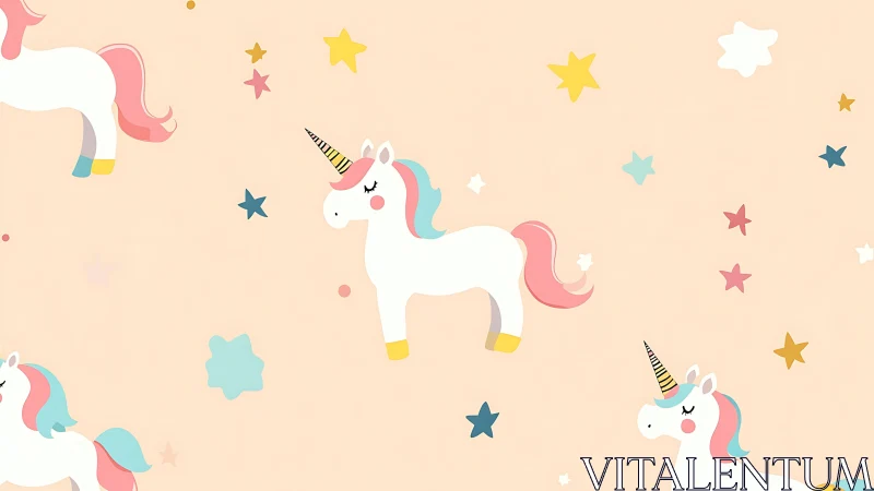 Pastel unicorn pattern over soft peach starry background.