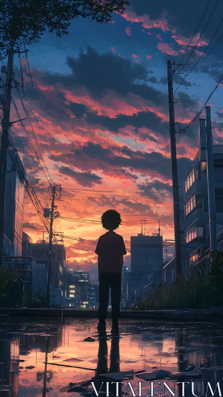 Solitary child watches a neon dusk sky over quiet city streets