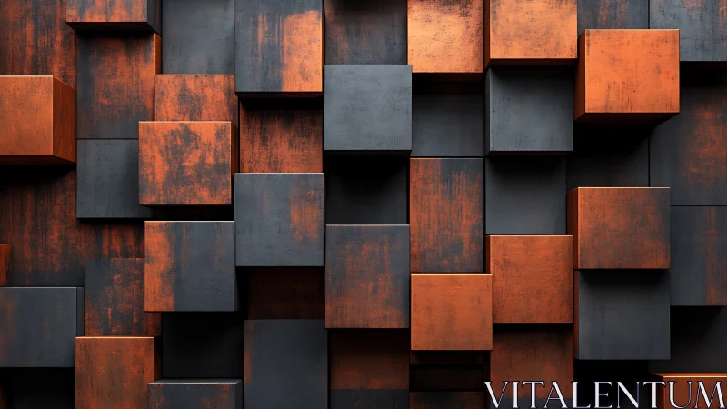 Rust-textured orange and black cubes form a deep grid wall