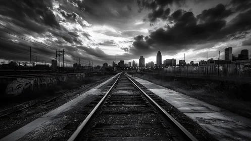 Urban skyline looms beyond desolate monochrome train tracks.