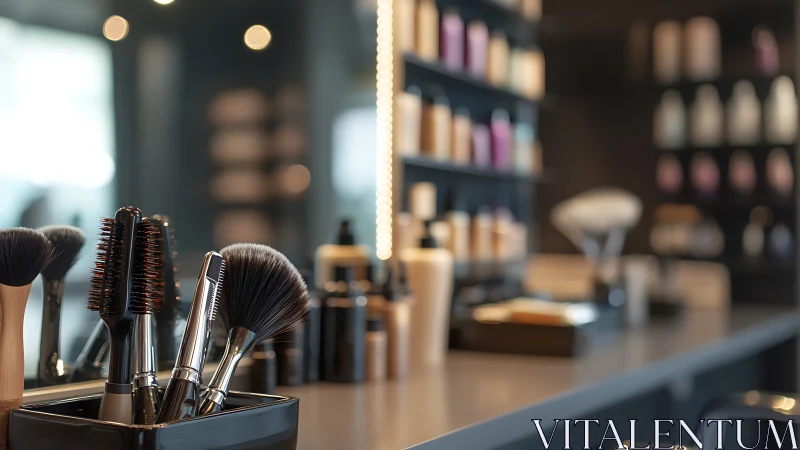 Professional salon counter with brushes and products.