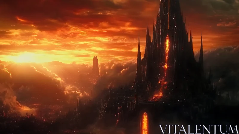 Infernal spire rises over a blazing apocalyptic horizon.