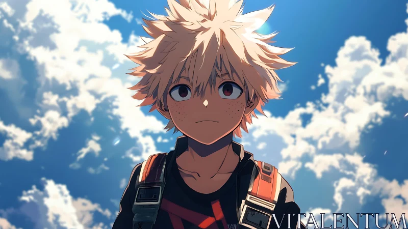 Skybound freckled hero boy under restless summer clouds.