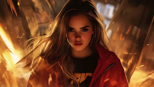 Fierce young heroine walks through swirling fire and light
