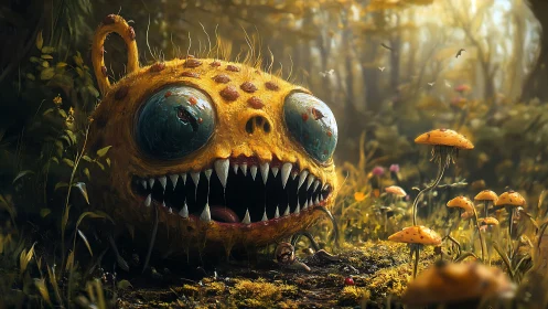 Furry forest monster crouches among glowing orange mushrooms