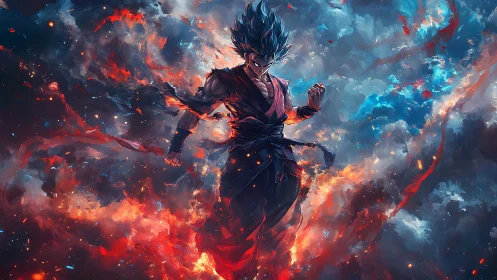 Energetic warrior suspended in turbulent chromatic plasma field.