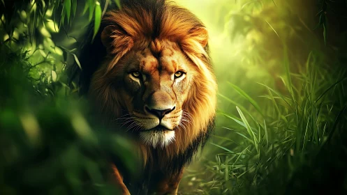 Golden-maned lion walking gently through sunlit jungle.