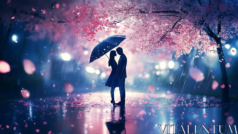 Rainy Romance Under Cherry Blossoms.