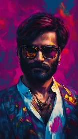Neon-lit bearded man in sunglasses amid vibrant strokes.