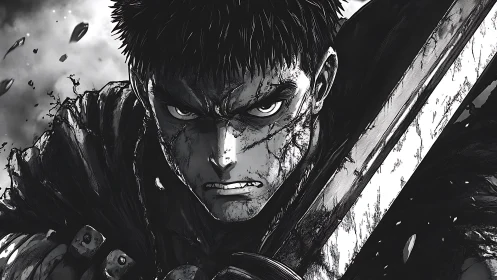 Battle worn swordsman rendered in high contrast manga ink