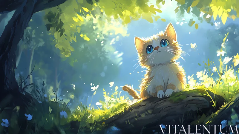 Feline figure in luminescent woodland clearing.