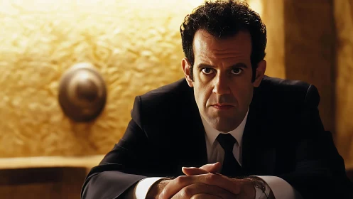 Man in formal suit seated at table in warm interior.