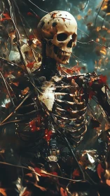 Autumn-tangled skeleton dreaming beneath rust and leaves.