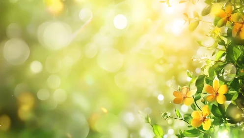 Yellow flowers and foliage appear against blurred bokeh light
