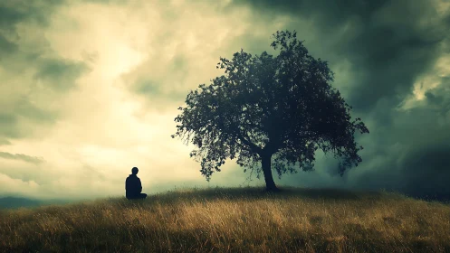 Solitary figure under storm-lit tree on windswept hillside