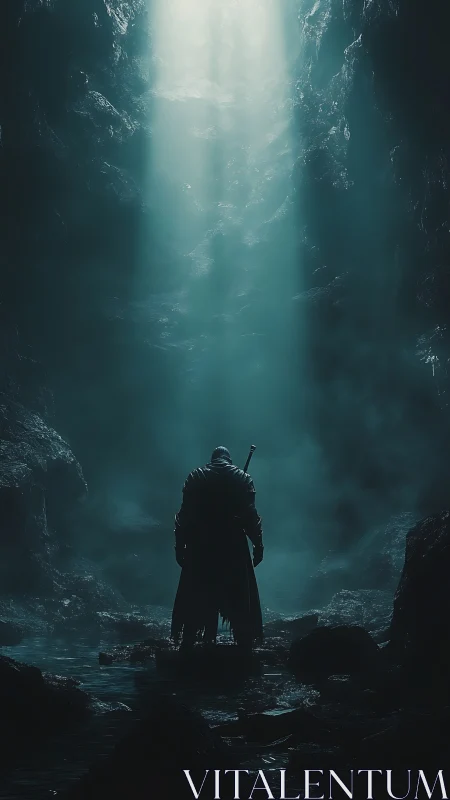 Lone cloaked warrior under cavern light shafts.