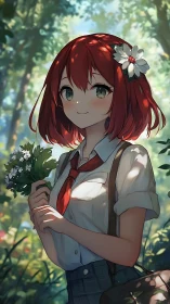 Sunlit schoolgirl smiles softly while holding wildflowers