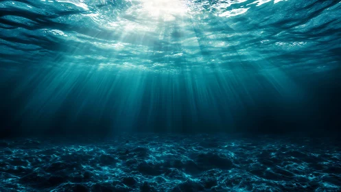 Subsurface ocean floor illuminated by volumetric god rays