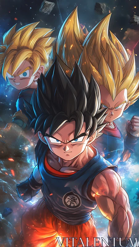 Tri-character Saiyan power lineup with dynamic aura lighting