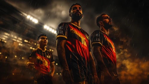 Football players stand under stadium lights in heavy rain