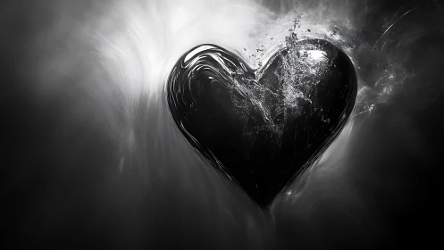 Fractured heart form in grayscale with dynamic light scatter.