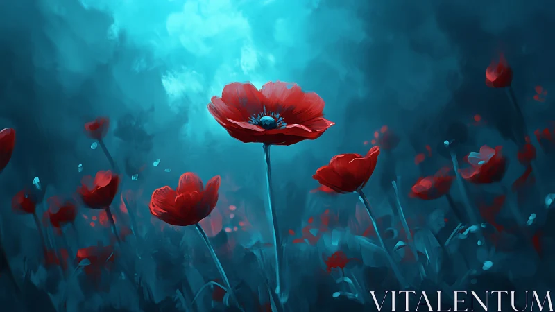 Red Poppies Against Turquoise Twilight