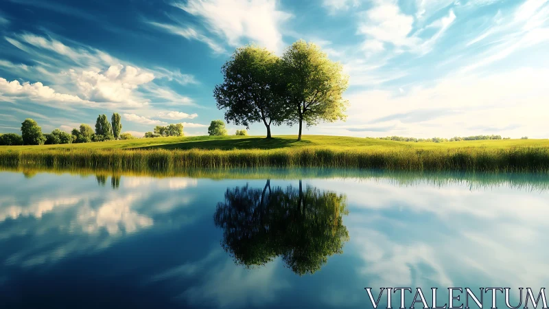 Quiet riverside trees mirrored in a bright summer sky.