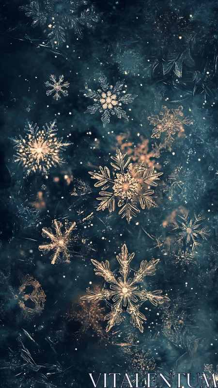 Golden illuminated snowflakes over deep teal haze.