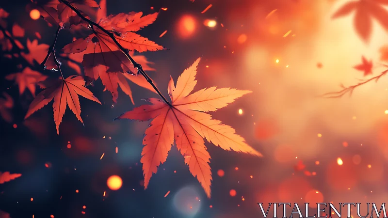 Glowing autumn maple leaves drift through warm evening light.