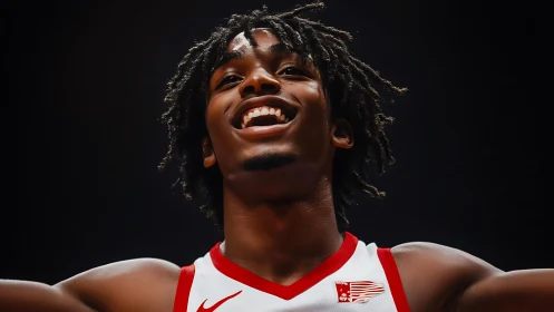 Joyful basketball player under stadium lights, low angle portrait.