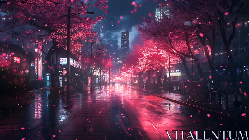 Rainy neon boulevard under glowing cherry blossom skies.