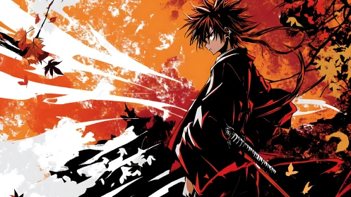 Samurai silhouette intersects high-contrast autumn vector turbulence