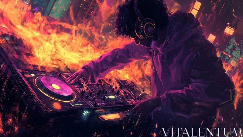 Midnight DJ mixing neon fire into a glowing city night.