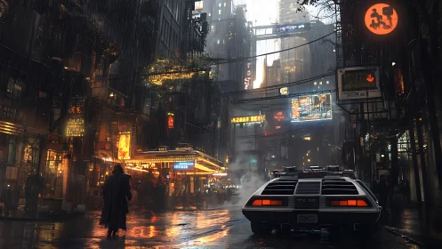 Rain soaked cyberpunk street with retro future car at night.