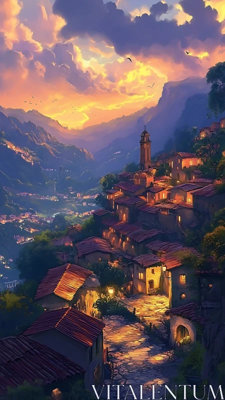 Sunlit mountain village winding toward a dreamy horizon.