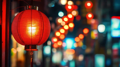 Red paper lantern illuminates an urban night street scene