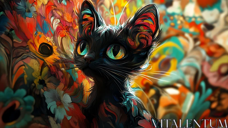 Black cat portrait against vivid abstract floral backdrop.
