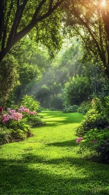 Sunlit garden lawn bordered by flowering plants and trees.