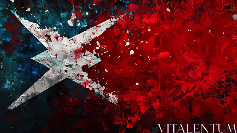 Shattered star streaks through crimson and teal storm.