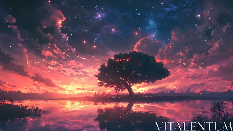 Solitary tree under vivid cosmic sunset sky reflection.