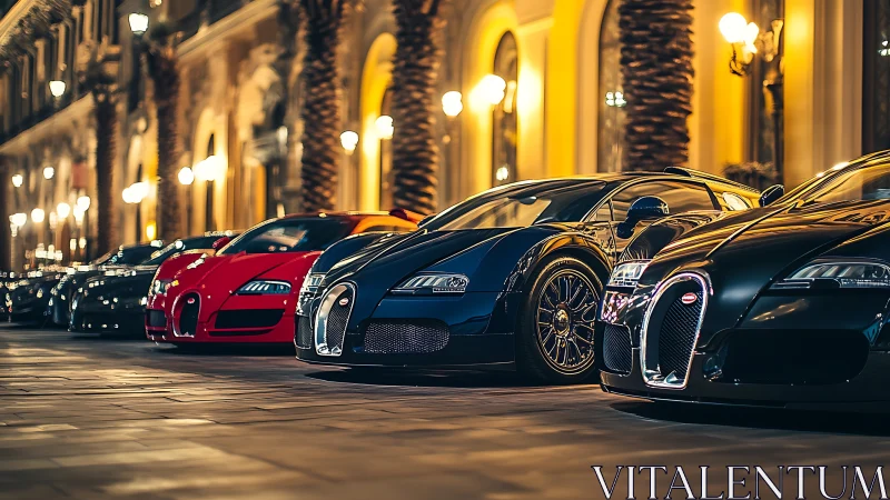 Hypercar lineup on illuminated urban boulevard at night