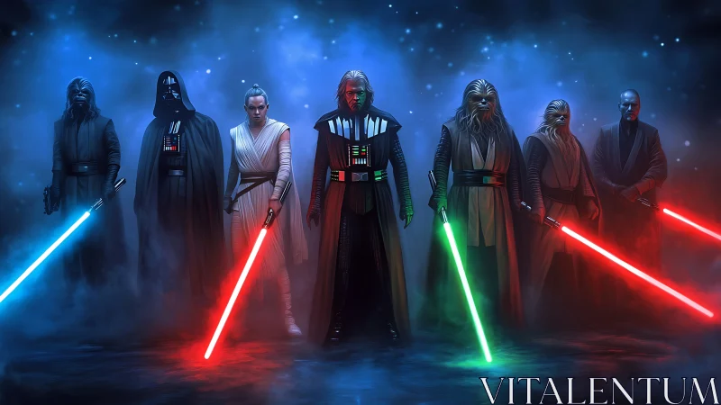 Cinematic sci fi warriors aligned with glowing energy blades.