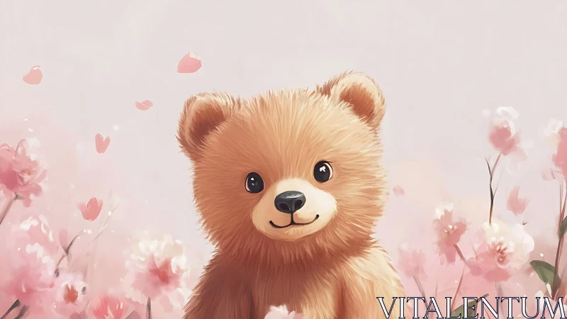 Digital illustration shows stylized bear amid pink flowers