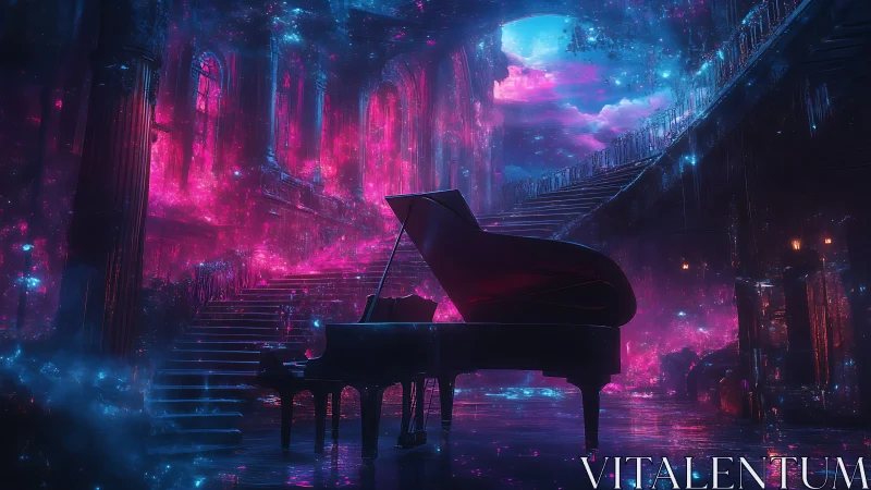 Grand piano anchors neon-lit cathedral hall with cosmic volumetrics