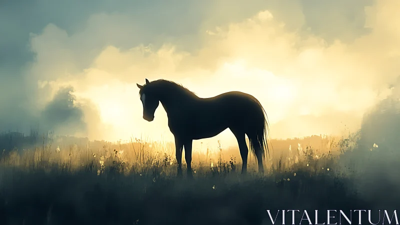 Silhouette of a lone horse in misty sunrise grassland.