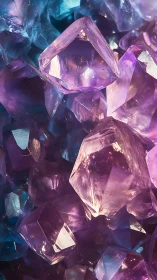 Luminescent amethyst crystal cluster in cool blue light.