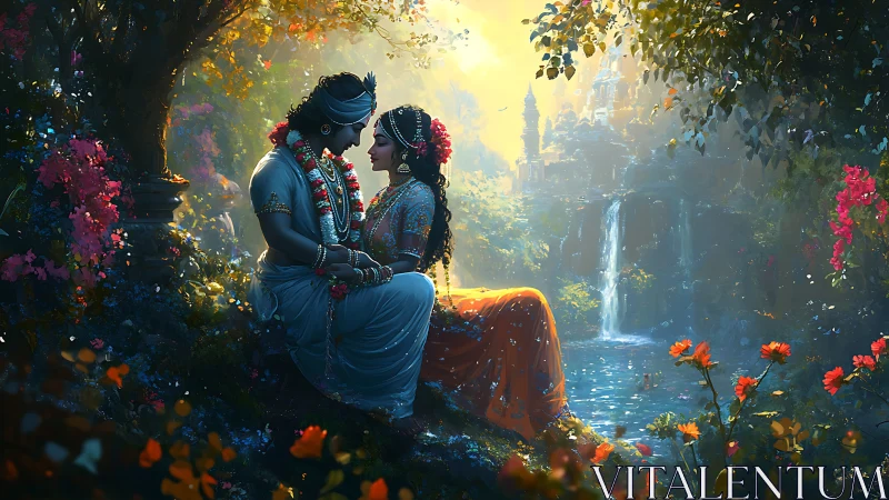 Radiant Divine Romance: Blue-Skinned Deities Beneath Luminescent Waterfall.